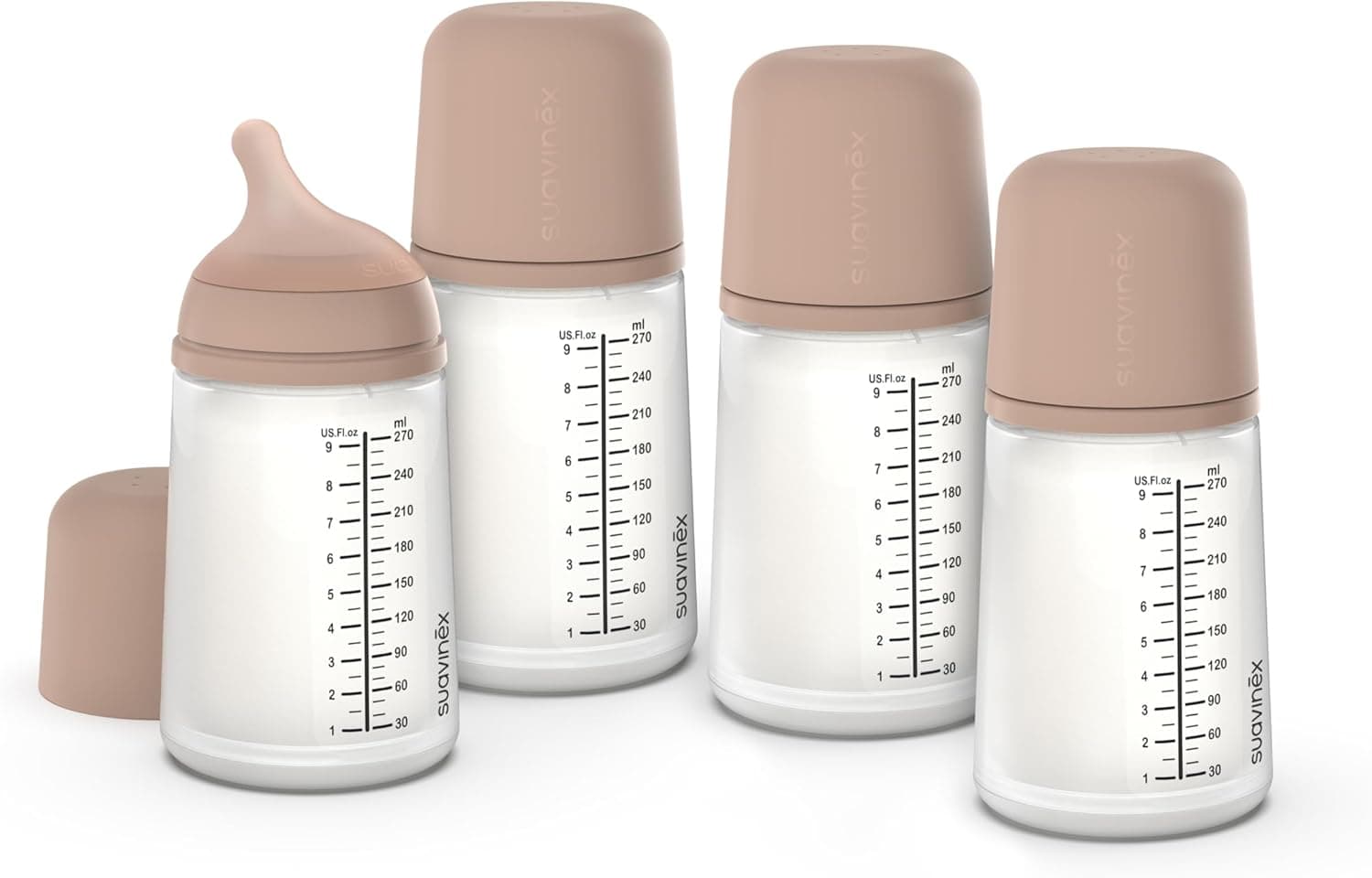 Suavinex, Conjunto de 4 biberão anticólico zero de 270 ml com cetina de fluxo médio (M) de silicone, bebés de 3 meses, leite materno, de fórmula e líquidos, densidade média, compatibilidade de leite