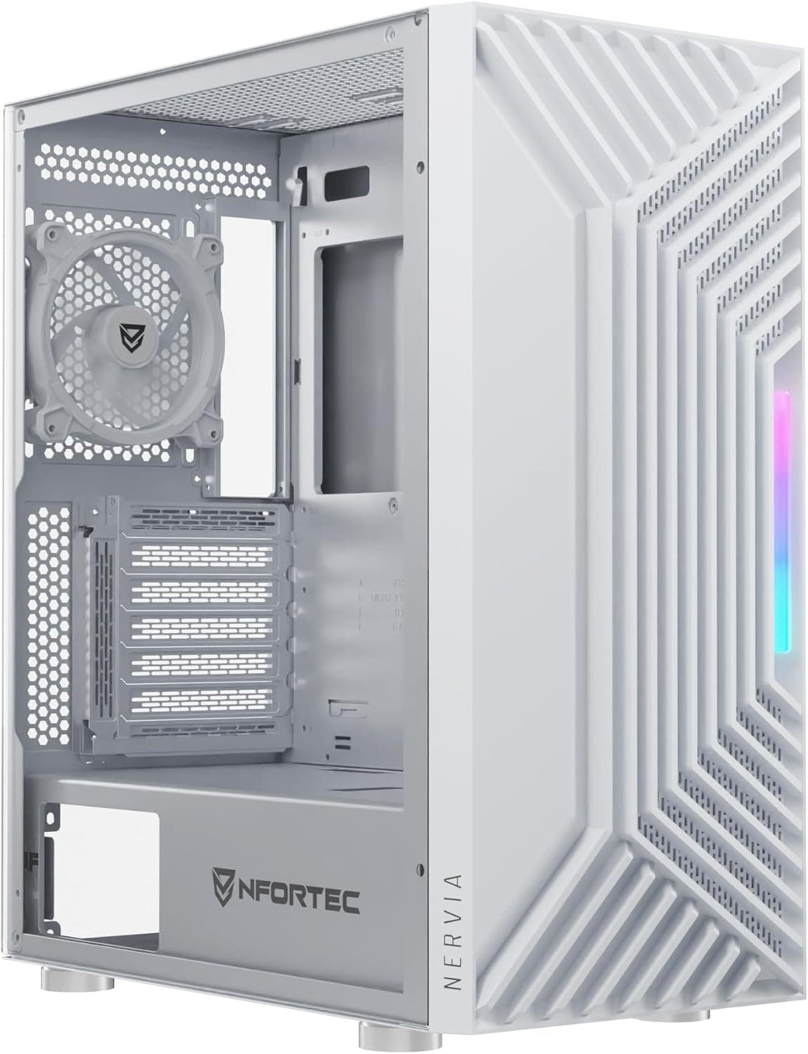 Nfortec NERVIA, Torre Gaming ATX, frente de malha, 4 ventiladores incluídos, função PWM, cor branca