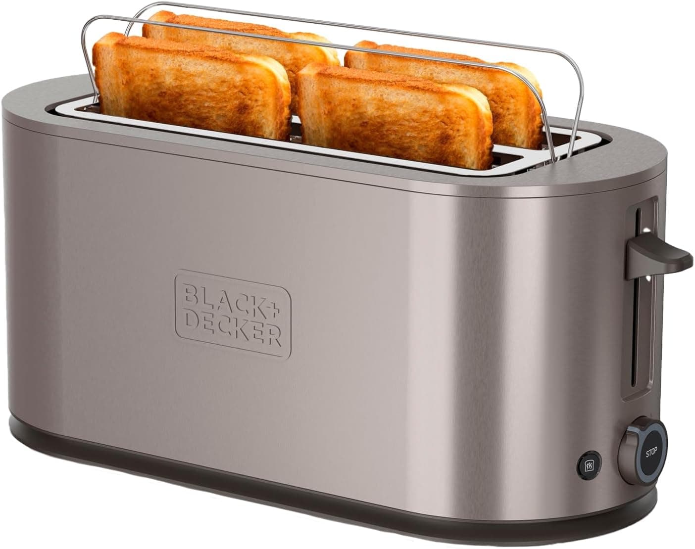 Black+Decker - Torradeira extra grande de 1500 W | 260 x 42 mm, ranhuras, 7 níveis de torrada, 6 bandas de mic incandescente, funções de descongelar, reaquecer e cancelar