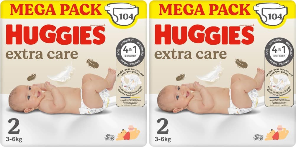 Huggies Extra Care Tamanho 2 | Fraldas ultra absorventes para bebé com desenhos Disney, 104 unidades x 2