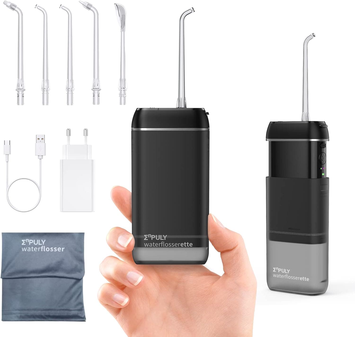 Irrigador dental bucal elétrico portátil, irrigador bucal com adaptador/3 modos/5 bicos/adequado para viagens e casa (Black)