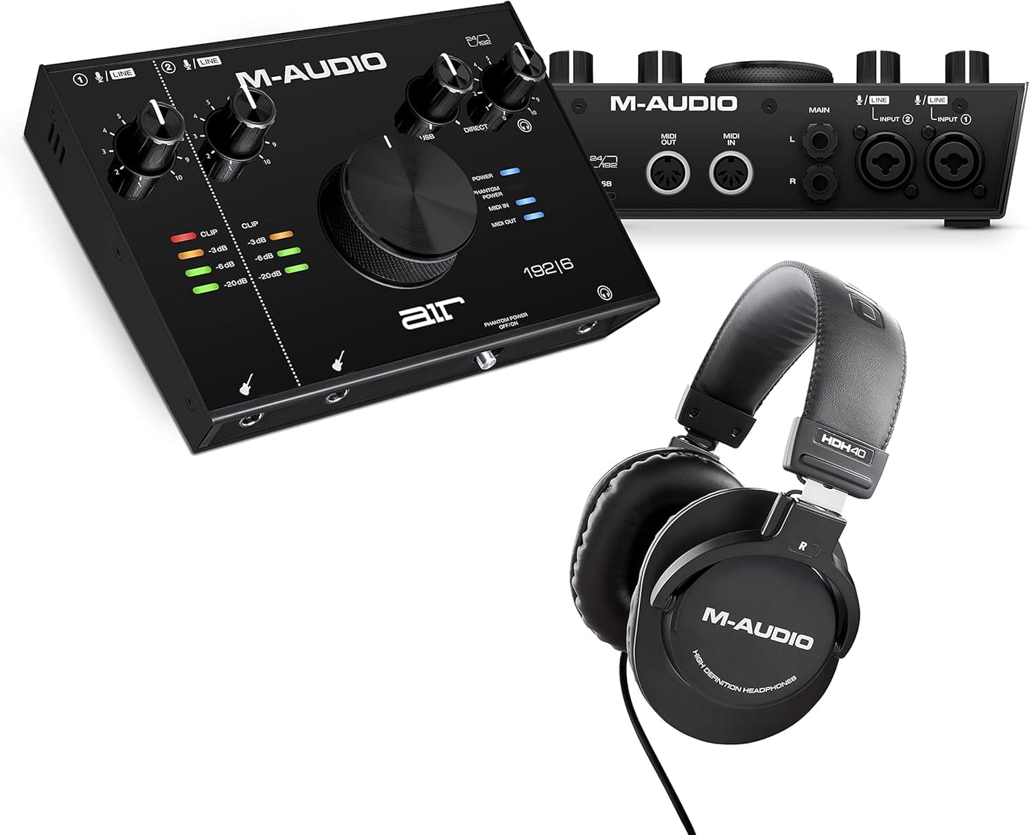 M-Audio AIR 192 | 6 auriculares HDH40 - interface de áudio MIDI, placa de som USB/USB-C com auriculares de estúdio de design fechado para gravação e monitorização em estúdio