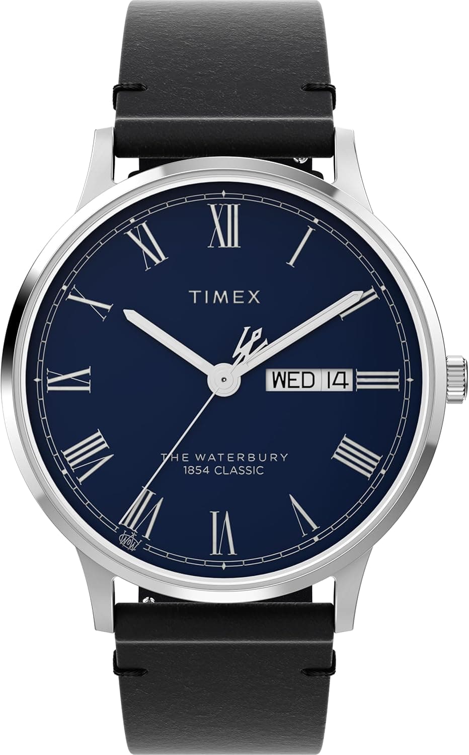 Timex Waterbury Relógio para homem, correia de couro preto, desbloqueio rápido, mostrador azul, caixa de aço inoxidável, 40 mm, TW2Y29600, Stainless Steel, pulseira