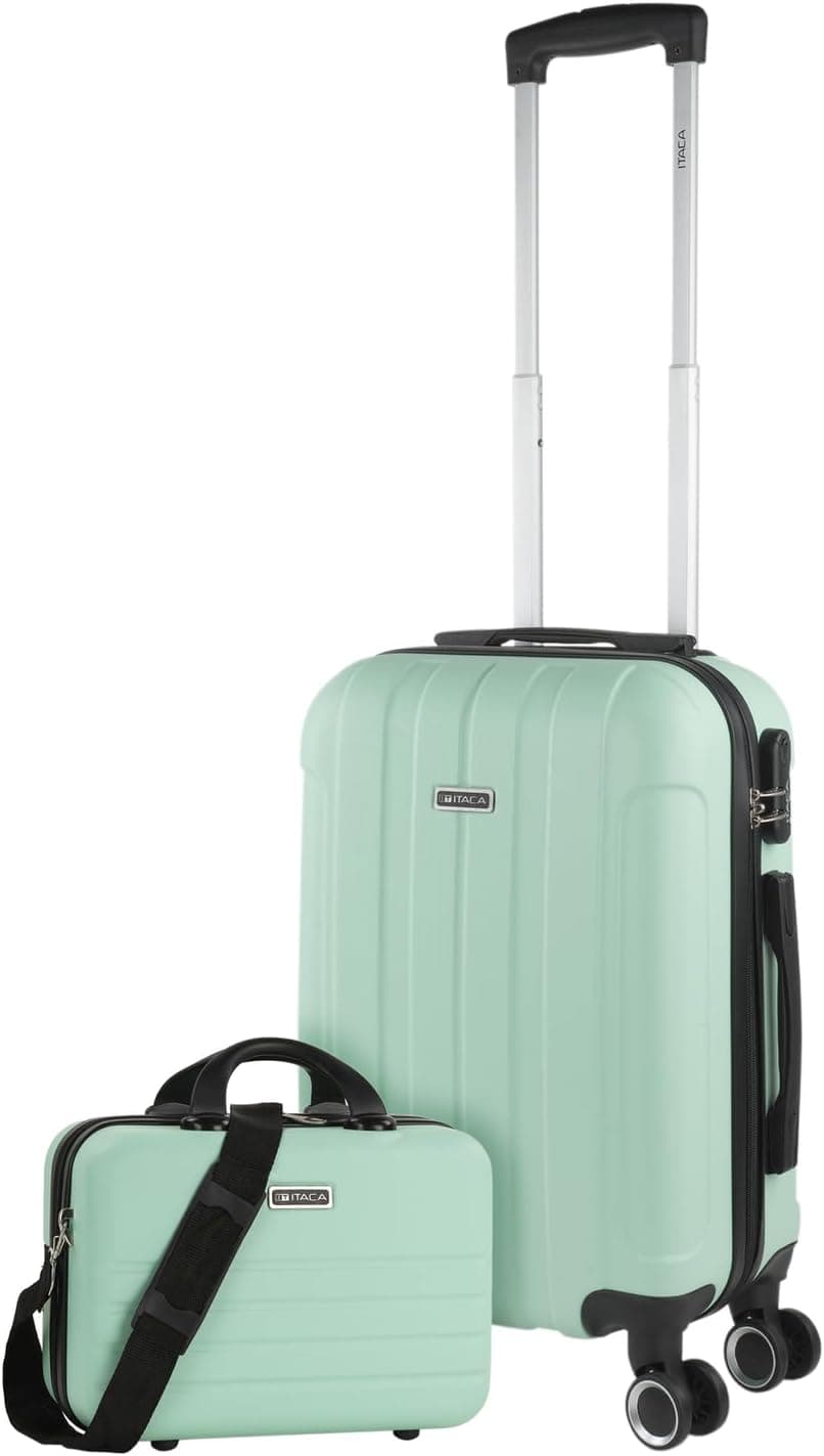 ITACA - Malas de viagem rígidas ABS - mala de viagem cabine, mala média e mala grande - pega telescópica, 4 rodas giratórias e cadeado de combinação, Azul e rosa:, Bagagem de mão