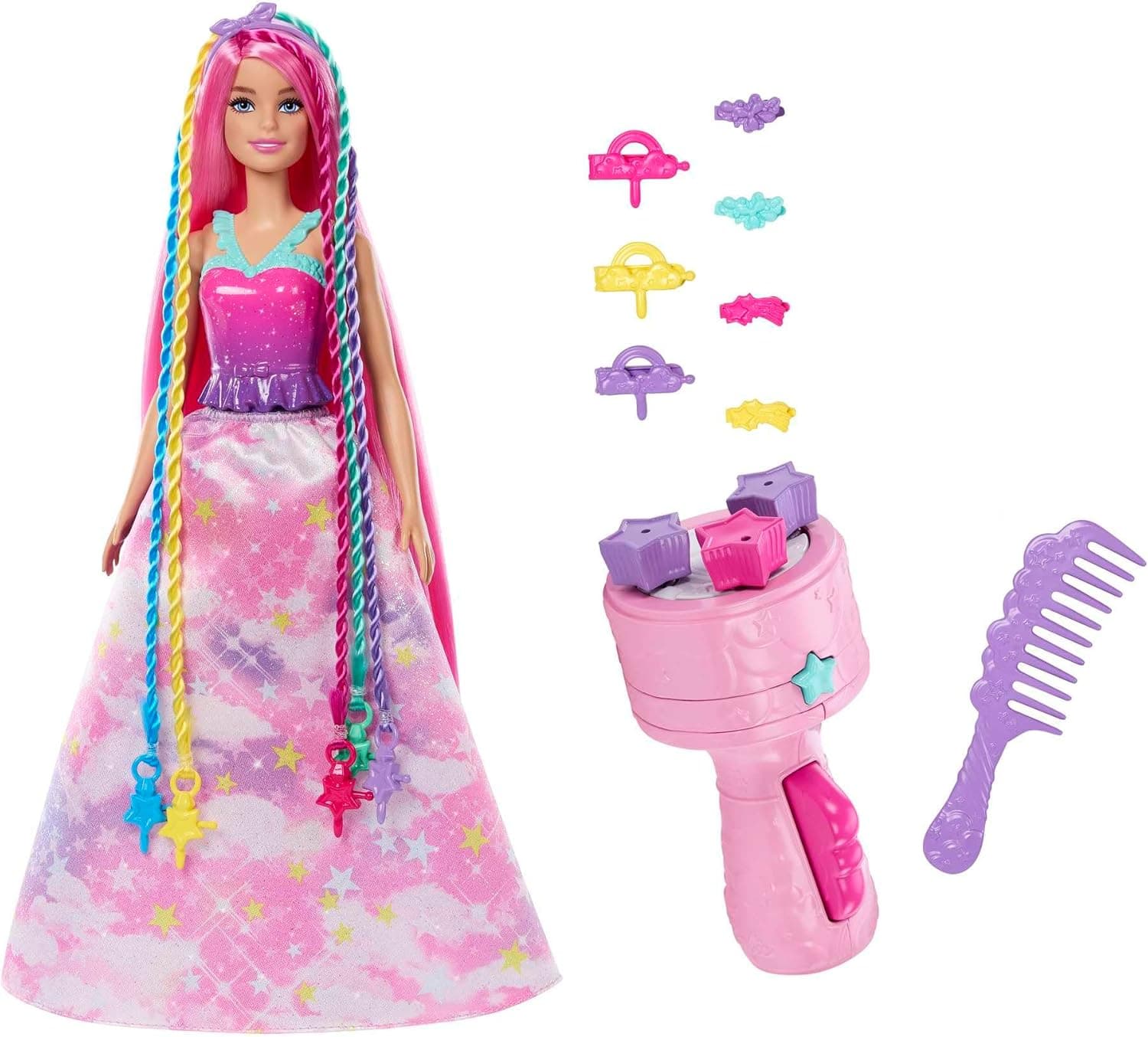 Barbie Dreamtopia Boneca fantasia Twist 'N Style com cabelo colorido, pente para fazer tranças e acessório para criar penteados, brinquedo + 3 anos (JCW55)