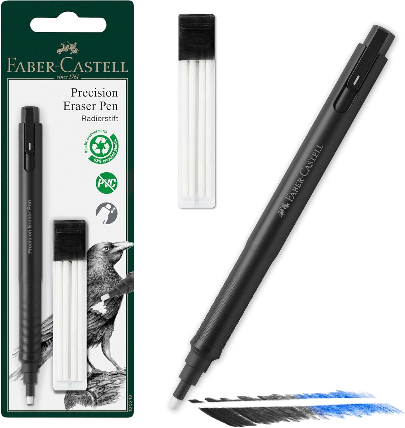 FABER-CASTELL 185610 Precision Eraser Pen - borracha de apagar (inclui borracha de enchimento, para profissionais e amadores