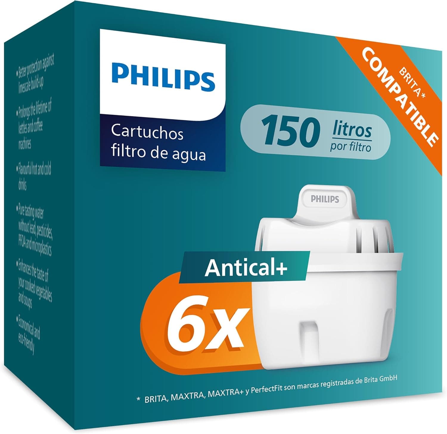 Philips Water cartuchos de filtro de água de substituição anticalcário, embalagem de 6 filtros, compatível com Brita, até 50% de maior redução da CAL