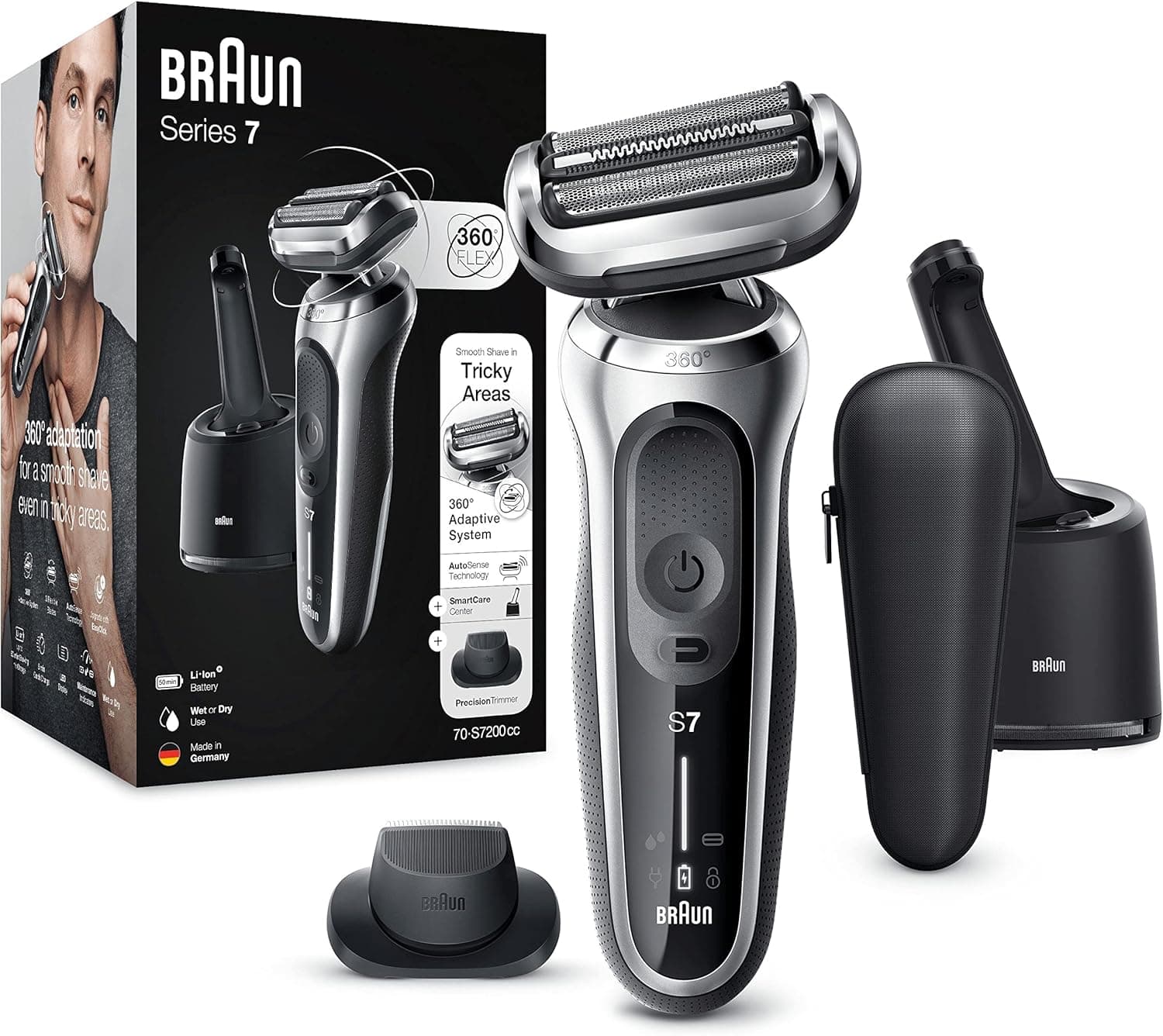 Braun 70-S7200CC Series 7 - Máquina de barbear elétrica para homem, máquina de barbear com aparador de precisão, tecnologia AutoSense, base de carregamento, centro de limpeza, recarregável, sem fios,