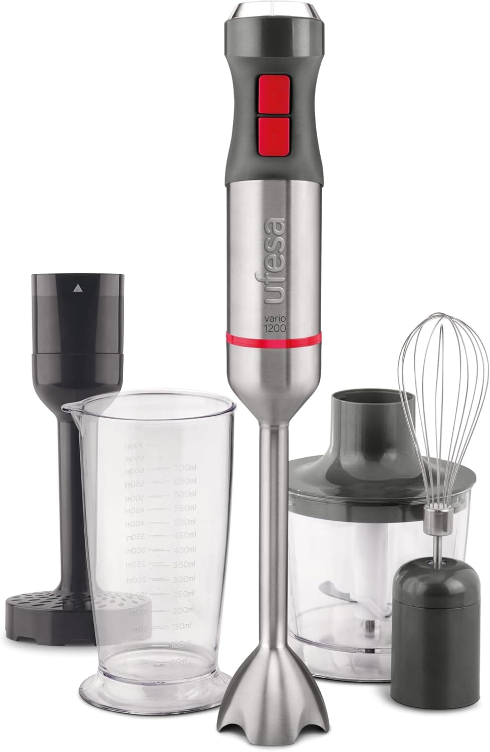 Ufesa BP4654 Liquidificadora de mão para vários 1200 máx, potência de 1200 W, 20 velocidades turbo corpo e 4 lâminas de aço inoxidável, design ergonómico e anti-salpicos, acessórios incluídos, sem BPA