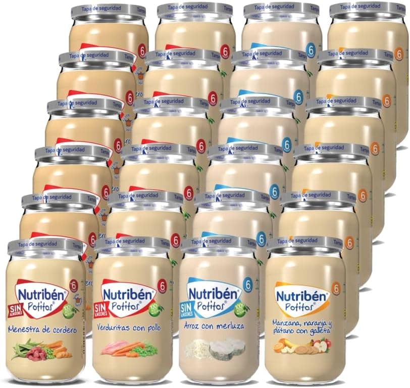 Nutribén Conjunto de 24 Pequenos diversos | Mostra de cordeiro, frango com ervilhas e cenoura, arroz com pescada, maçã, laranja, banana e bolacha - a partir dos 6 meses - 24 x 235 g