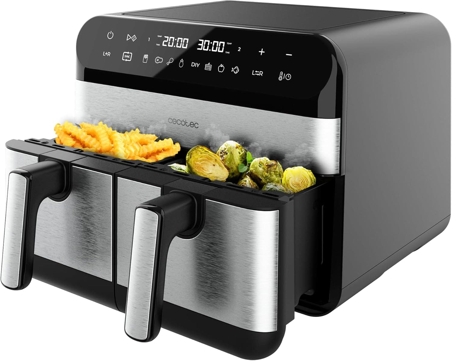 Cecotec Frigideira de ar digital de 9L Air Fryer Cecofry Advance 9000 Inox. 2800 W, 2 baldes de 4,5 l, temperatura dupla, temperatura regulável de 80 a 200 °C, 7 programas, painel de toque