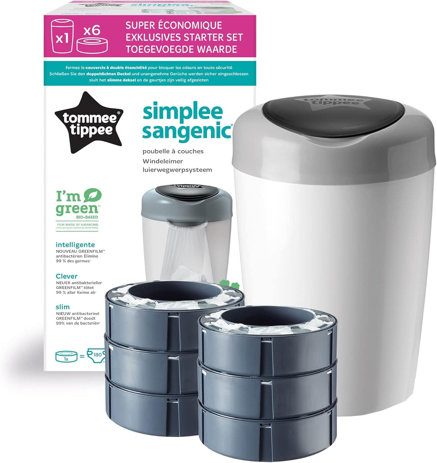 Tommee Tippee Recipiente de plástico simples para fraldas, sistema ecológico, inclui 6 peças de reposição com filme GREENFILM antibacteriano e sustentável, branco