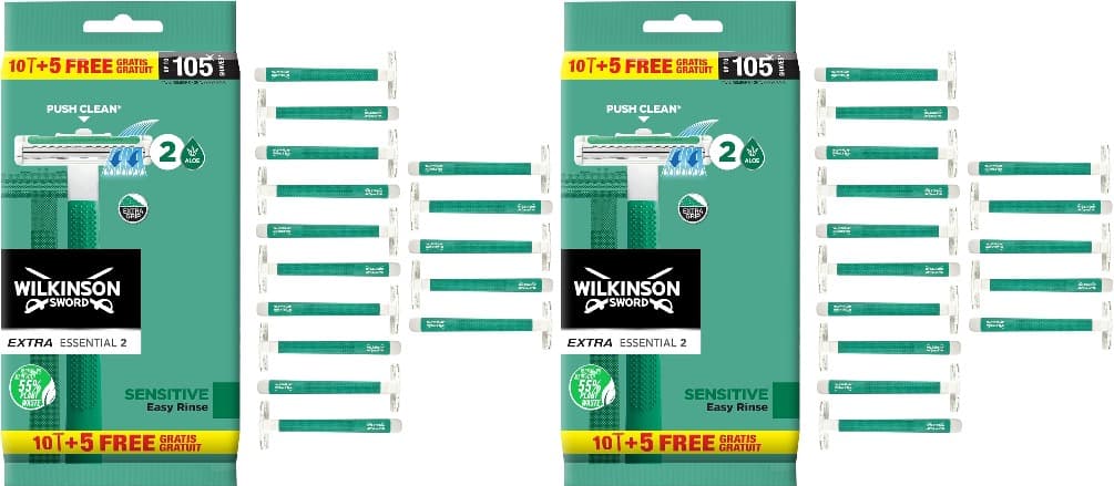 Wilkinson Sword Extra 2 Sensitive - máquinas descartáveis de plástico, 15 unidades, verde x2
