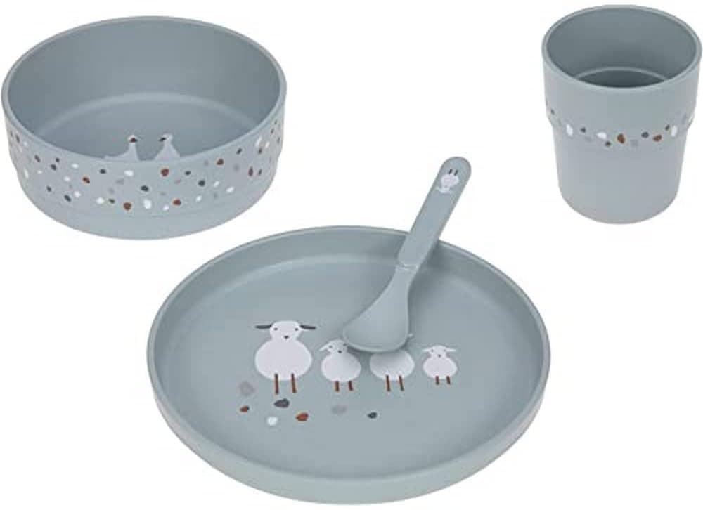 LÄSSIG Conjunto de louça infantil (prato, tigela, caneca, colher) sem BPA para máquina de lavar louça e micro-ondas/Dish Set PP/Cellulose Tiny Farmer Sheep