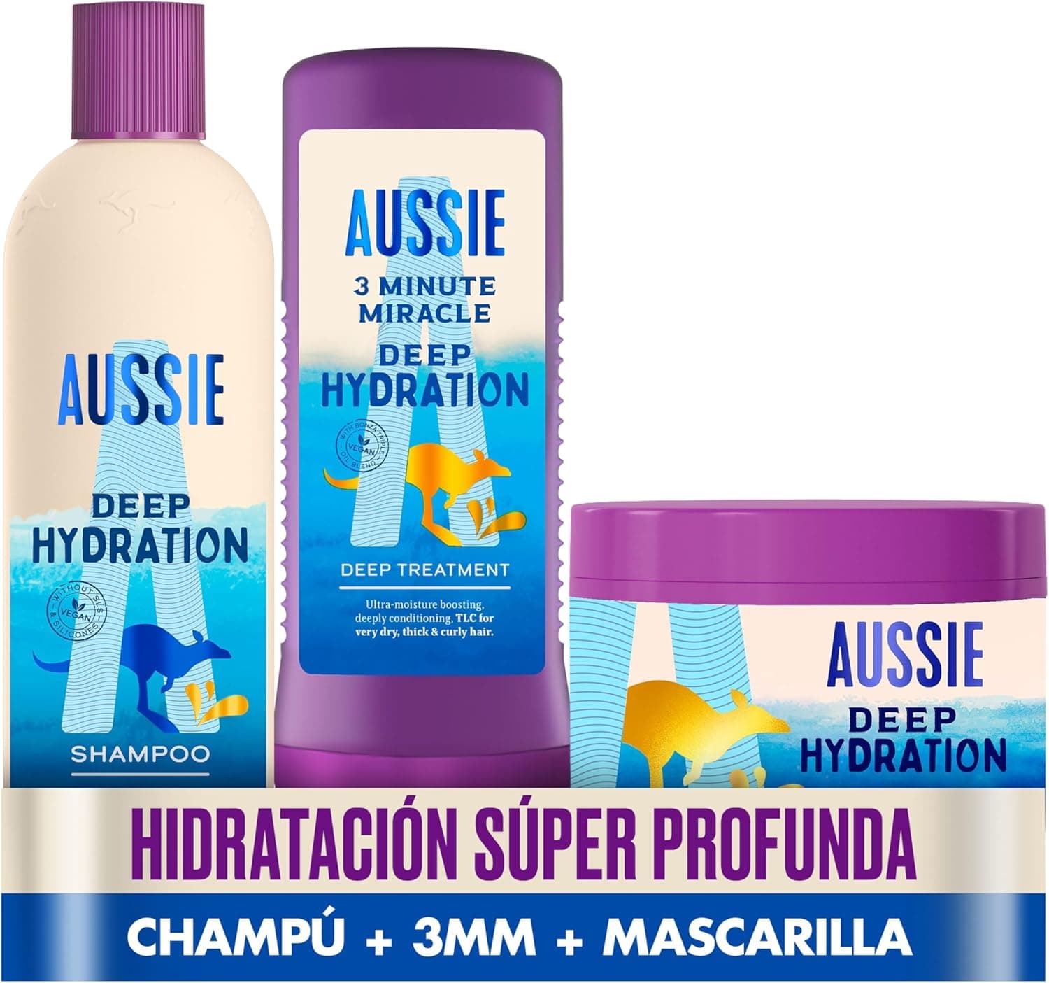 Aussie PACK ESPECIAL: Hidratação profunda: Xampu Vegan 300 ml máscara empilhar 450 ml Aussie 3 Minute Miracle, máscara tratamento 225 ml