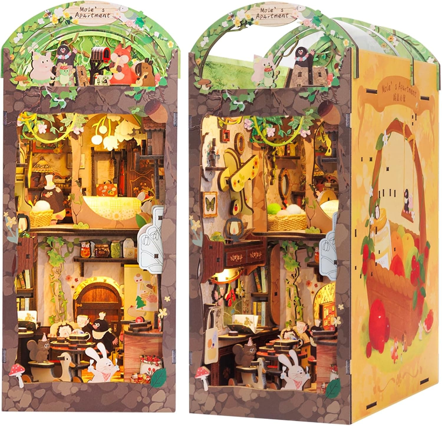Fsolis DIY Book Nook, Casa de bonecas em miniatura com luzes LED e placa protetora contra o pó, quebra-cabeças 3D, suportes de livros de madeira, 3D puzzle presentes criativos para meninos e meninas