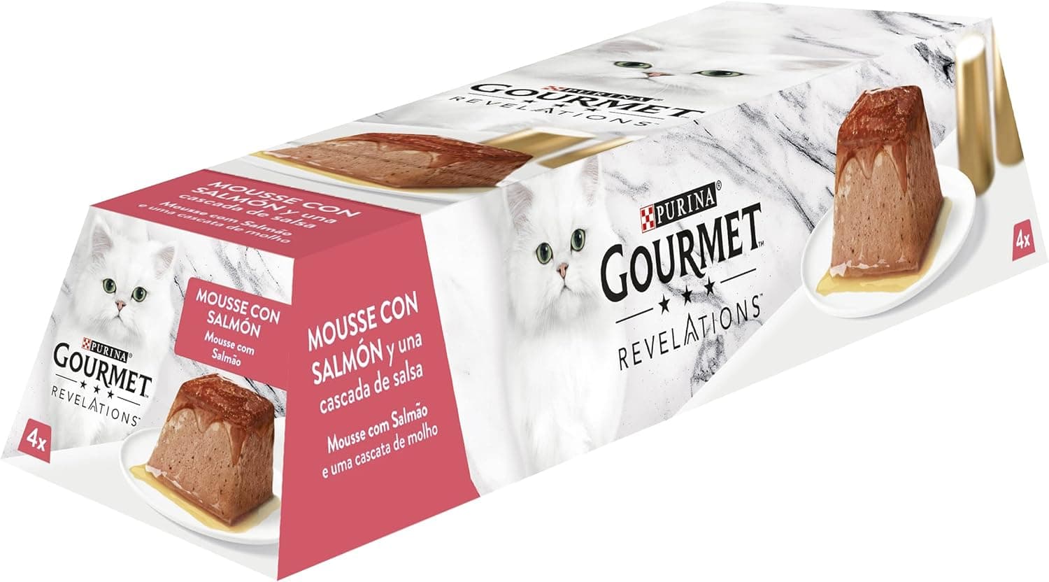 Gourmet Purina Revelations Mousse com molho, comida húmida para gato salmão, 6 embalagens de 4 pirâmides, 57 g, 24