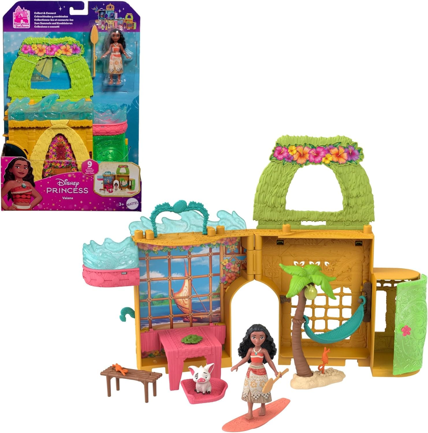 Mattel Disney Princesas Storytime Stackers Vaiana casa de bonecas com boneca pequena de Vaiana, um animal amigo e nove acessórios, inspirado no filme da Disney, JDP60