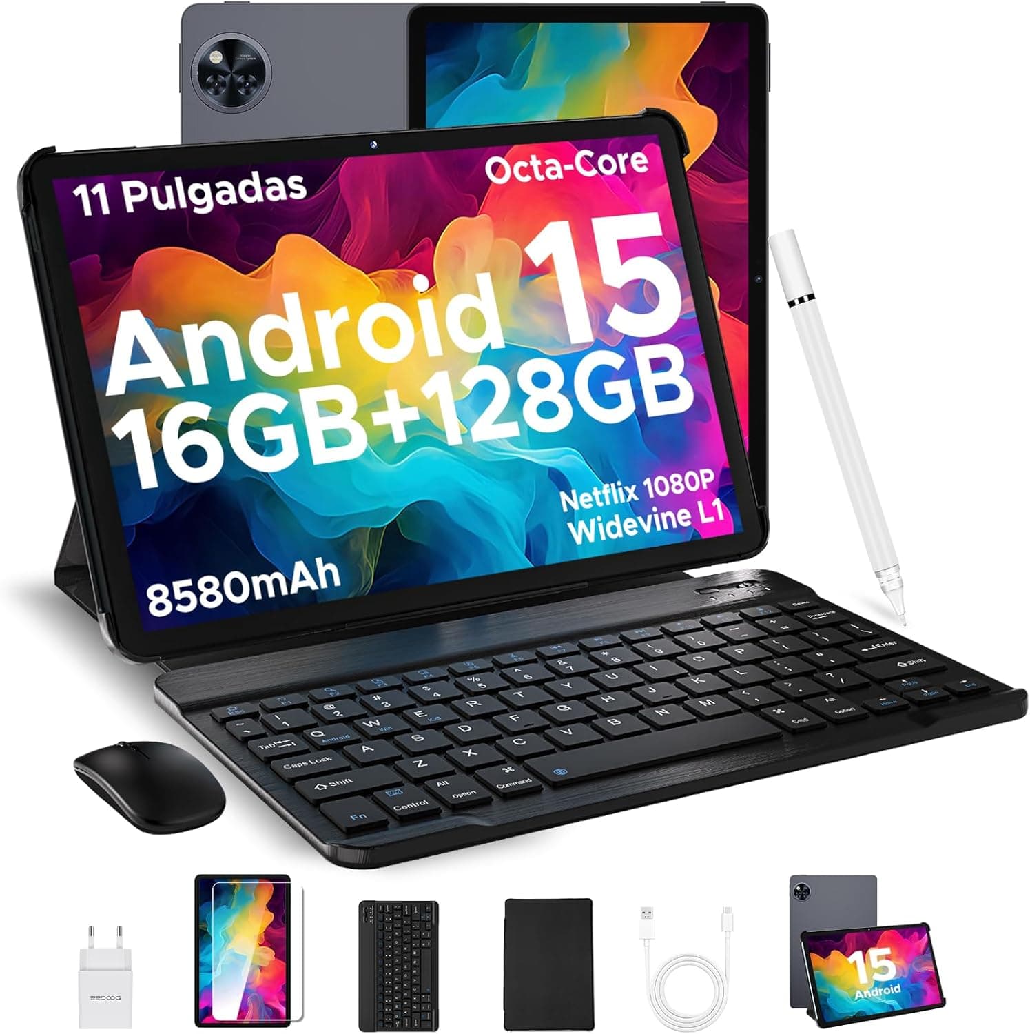 DOOGEE Tablet U11 polegadas, Andriod 15 tablet com teclado, 16 GB RAM+128 GB ROM/2TB 8580 mAh, tablet para crianças Octa-Core, corpo metálico de 7,9 mm, 13 MP, camera, Widevine L1/Face ID/BT5.0 WiFi 5