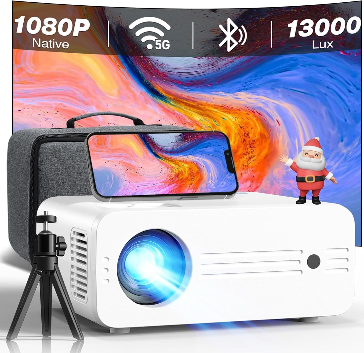Projetor WiFi Bluetooth 5G com capa, Full HD 1080P nativo 4K compatível 13000 Lumens, iZEEKER Mini projetor portátil cinema em casa ecrã de 300 polegadas para iOS/Android/PC/PS5/TV Stick/Xbox