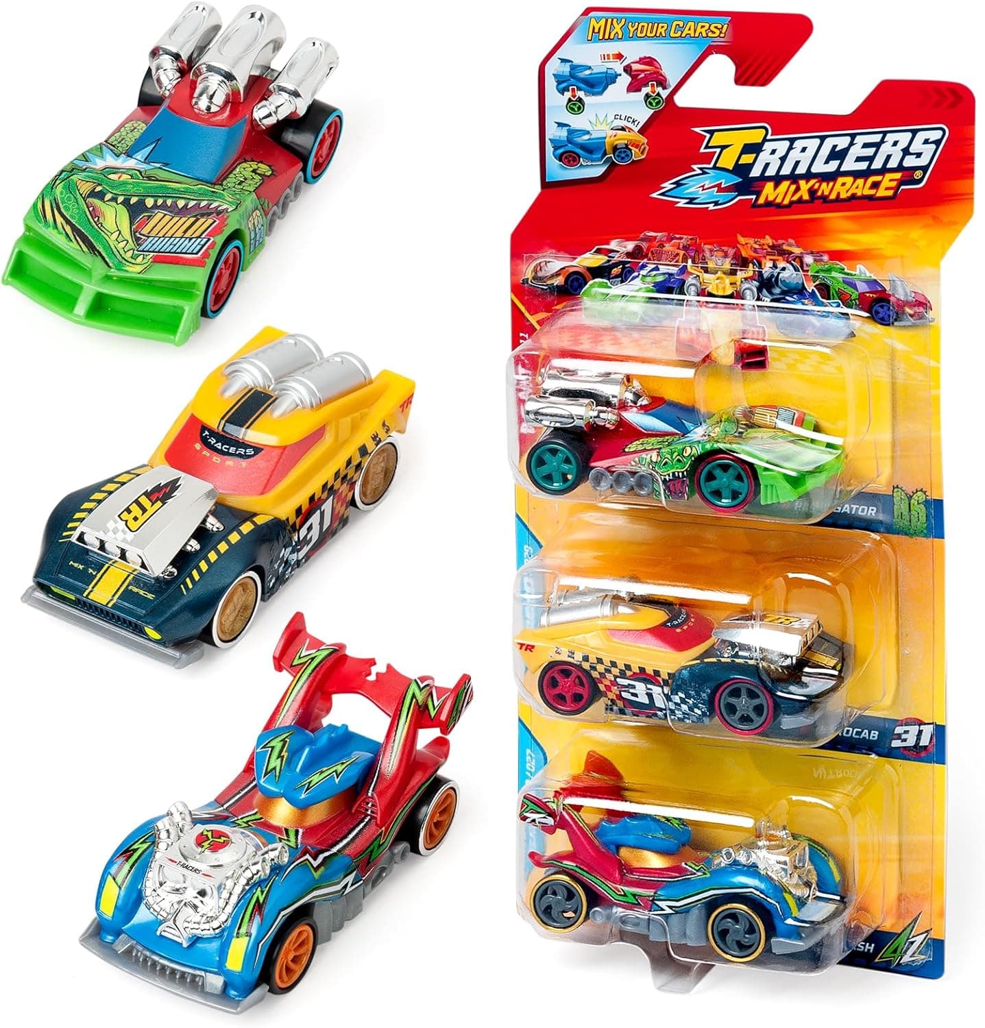 T-Racers Mix ´N Race 3 Pack - conjunto de 3 carros colecionáveis. Carros destacáveis por duas partes e com peças intercambiáveis. Pacote de 8/8