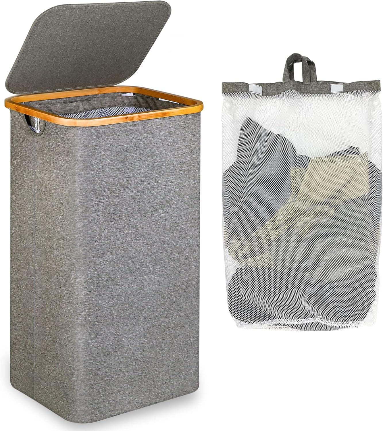 efluky Cesto alto grande de 100 L com tampa e alças de bambu para roupa suja, balde dobrável laundry basket XXL com bolsa interior cinzenta
