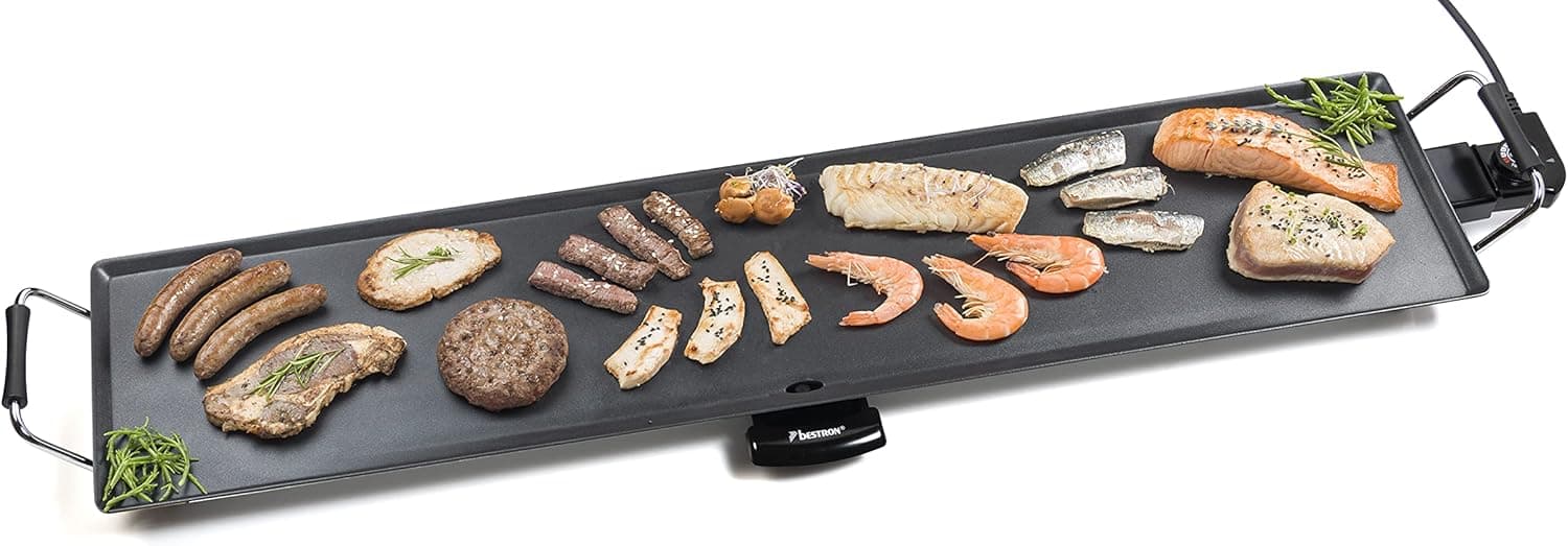 Bestron XXXL Ferro elétrico para cozinhar, ferro de cozinha com revestimento antiaderente, grelha elétrica para até 10 pessoas, 2000 watts, cor: preto