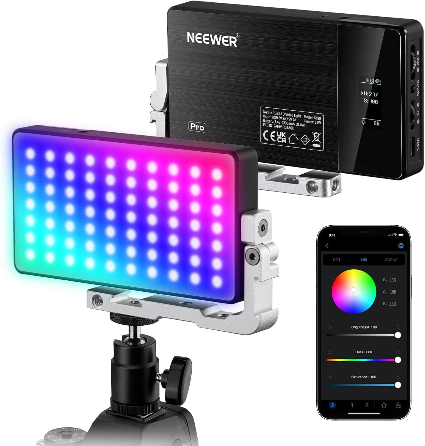 NEEWER Luz de vídeo RGB, SL90 12 W 4300 mAh bateria de 360 ° A toda a cor 18 cenas, 2500 ~ 1000K CRI97 painel de luz em câmara de liga de alumínio, aplicação e controlo 2,4 G para Youtube. Vlog/F