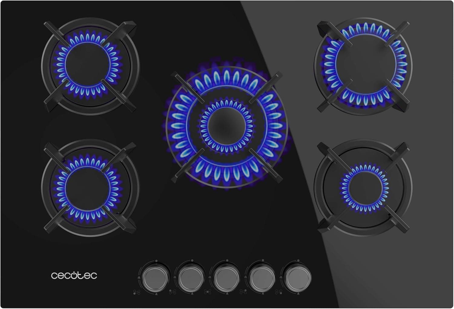 Cecotec Placa de gás butano e natural 5 fogos Bolero Squad G 5200S Glass Black, 11000 W, vidro preto, grelhas individuais ferro fundido, WOK coroa tripla, ignição elétrica, sistema de segurança