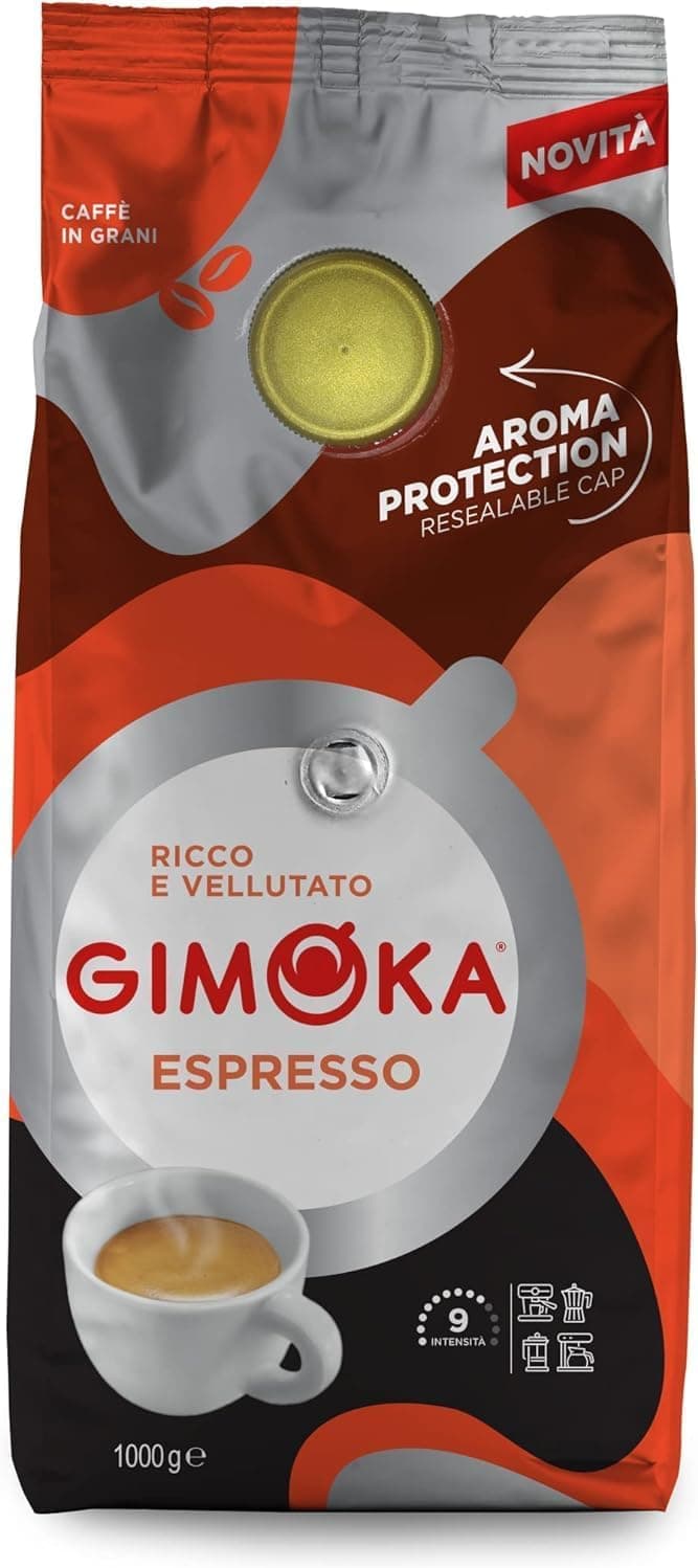 Gimoka Café em grão natural, 1 kg, mistura expresso, torrado médio, intensidade 9 - com tampa resealable - produzido na Itália