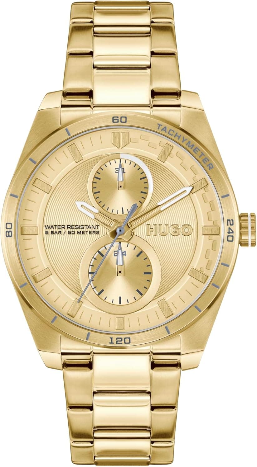 HUGO Fast For Her | Relógio analógico multifunções para mulher com bracelete em aço dourado