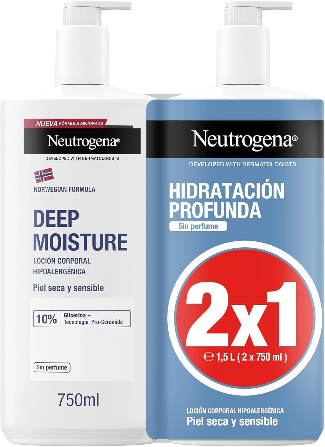 Neutrogena Norwegian Formula Deep Hydration Hypoallergenic Body Lotion (embalagem com 2 x 750 ml), hidratante corporal para pele seca e sensível com tecnologia Pro Ceramide e Glicerina