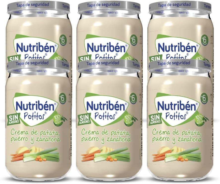 Nutribén Boiões de creme de batatas, alho-francês e cenoura, para bebés a partir de 6 meses, sem amidos, sem adição de açúcares, ingredientes naturais e saudáveis, pack de 6 x 235 g, 1410 g