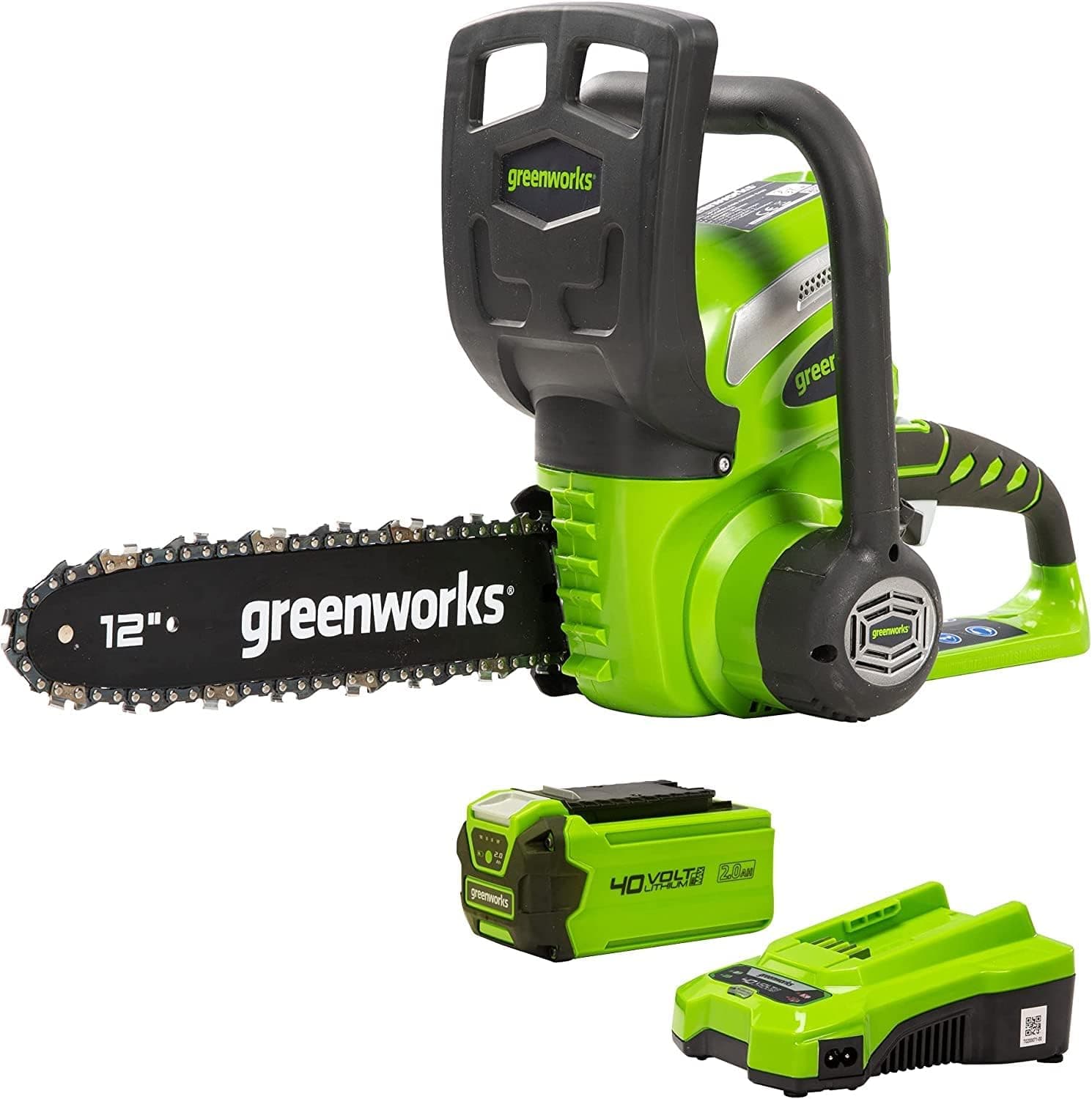 Greenworks Motosserra com cabo de bateria G40CS30K2, Li-Ion 40V 4,2 m/s velocidade da corrente, 30 cm de comprimento da espada, volume do tanque de óleo de 120 ml, inclui bateria de 2 Ah e carregador