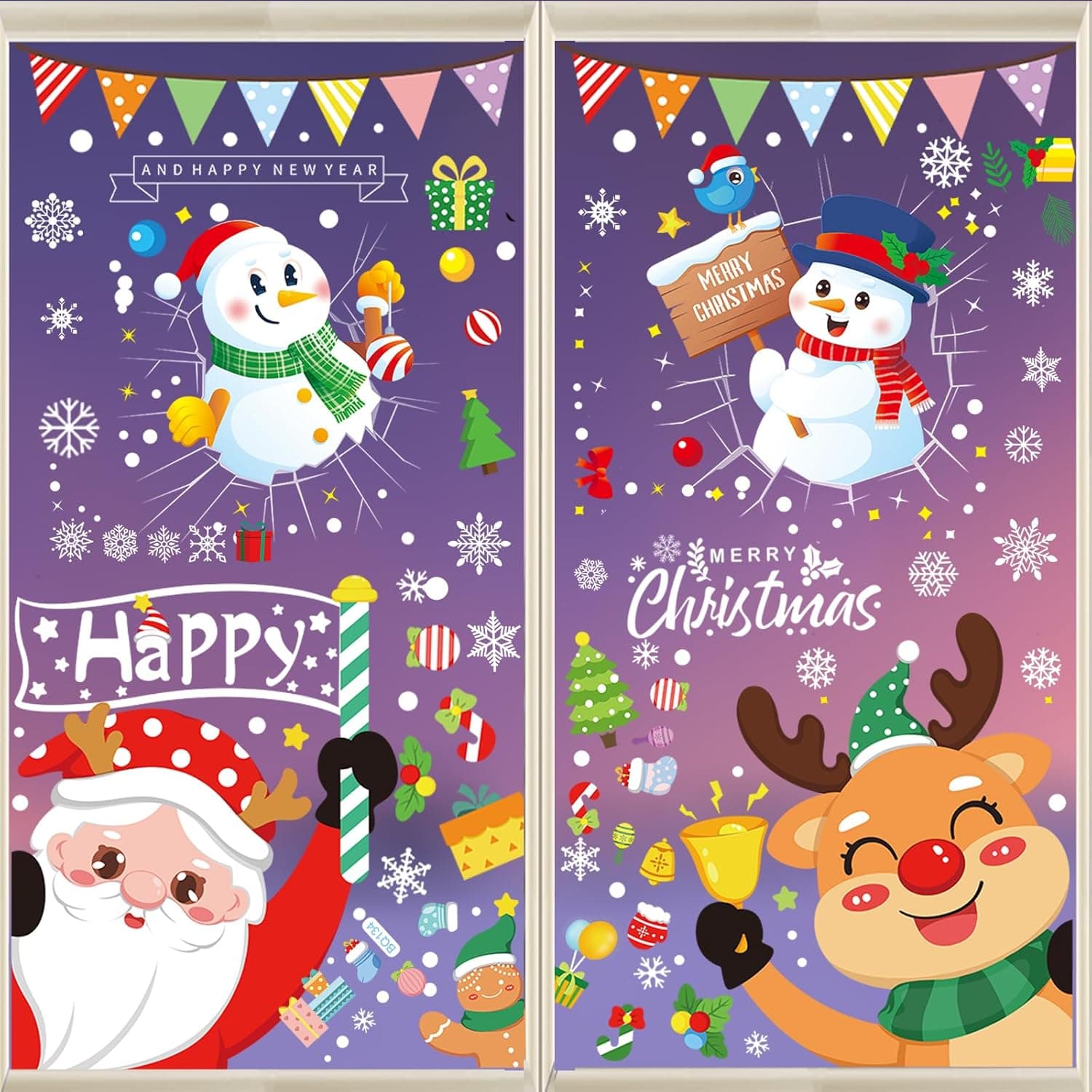 Autocolantes de vidro de Natal, 383 peças reutilizável PVC Natal para janelas floco de neve autocolante de janela, flocos de neve rena pai Natal decoração de janela para vidro