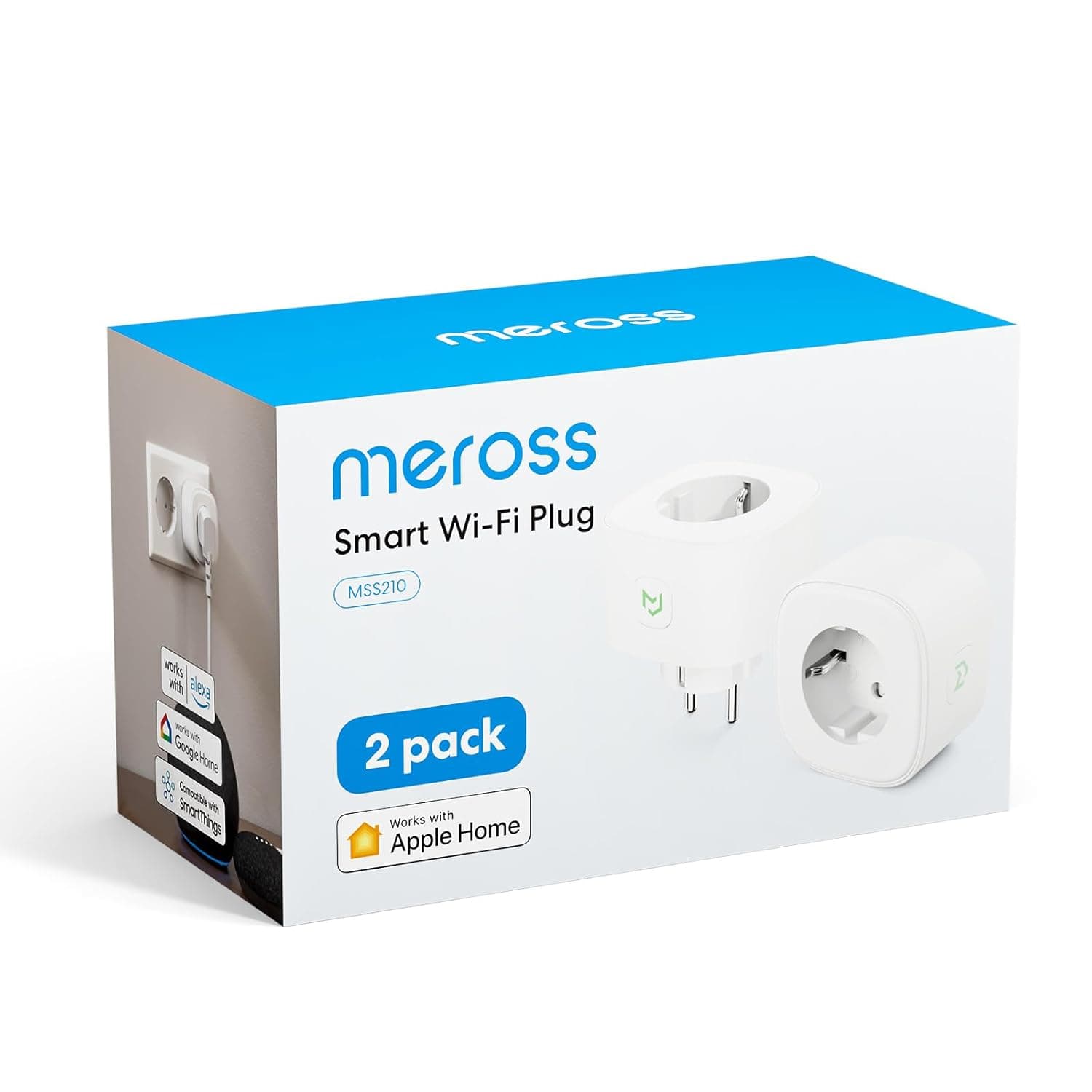 Tomada inteligente Wi-Fi de 16 A e 3680 W, com controlo remoto através da aplicação Meross, compatível com HomeKit Siri, Alexa, Google Assistant e SmartThings, Wi-Fi Smart Plug, modelo MSS210HK. Embalagem de 2 unidades