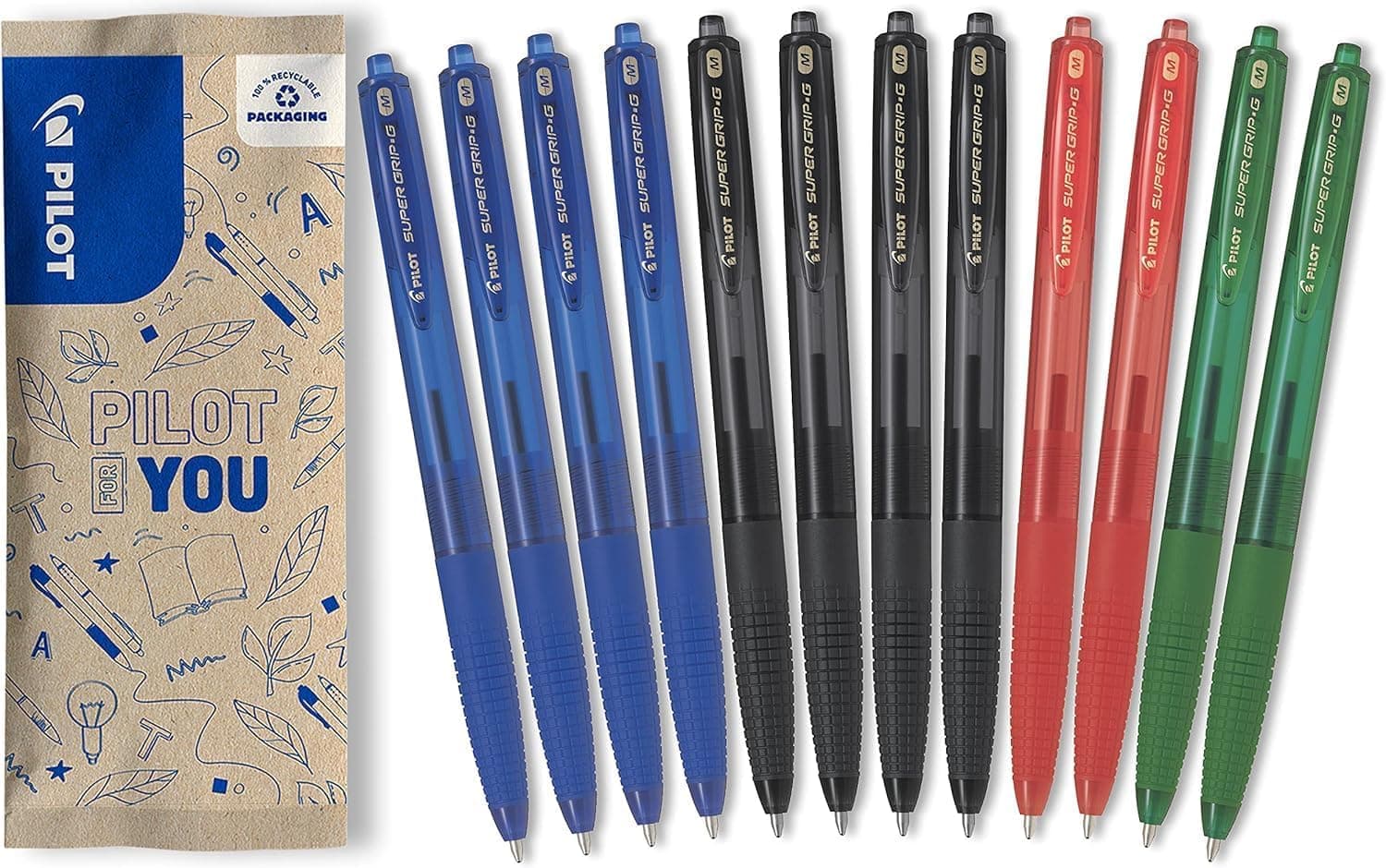 PILOT Caixa de 12 Supergrip G RT Canetas PILOT com tinta recarregável e alça confortável, caneta retrátil e recarregável, 4 azuis, 4 pretos, 2 vermelhos, 2 verdes - ponta média