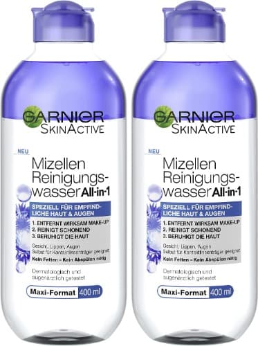 Garnier Água de limpeza de micelar tudo em 1, sem perfume com glicerina para peles e olhos especialmente sensíveis, desmaquilhante e limpeza facial para peles sensíveis, Skin Active, 1 x 400 ml