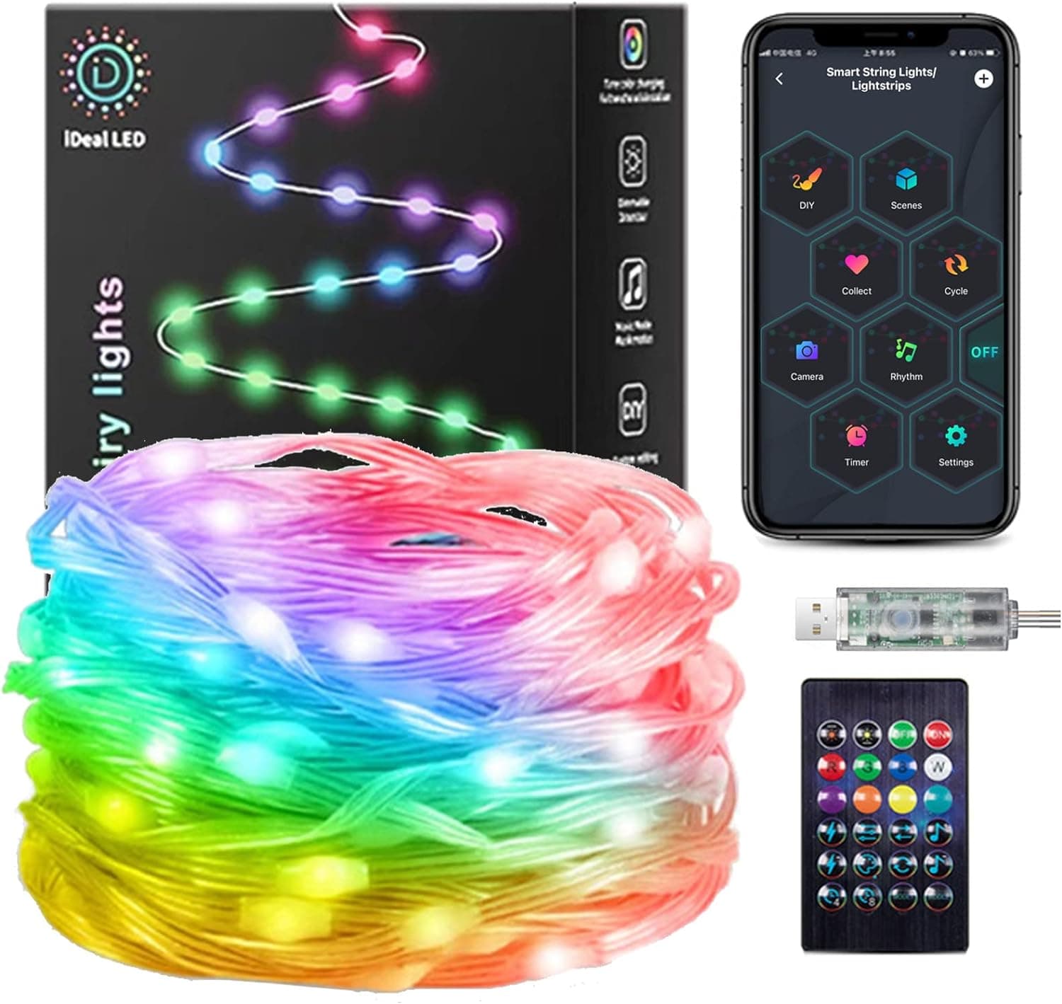DaKango 33ft 100 LEDs corrente de luzes que mudam cor sincronização de música controlo remoto e aplicação USB DIY luzes de fadas inteligentes impermeáveis para festas, quartos, Natal