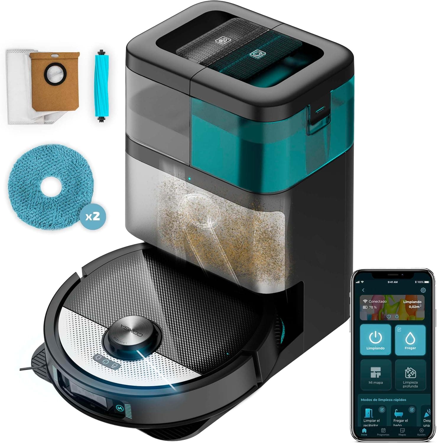 Cecotec Robot aspirador e esfregona de chão Conga 16090 AI SpinArm Home&Wash. 8000Pa, App, navegação a laser, base auto-esvaziada com tanques de pó e água, limpeza - secagem de mopas