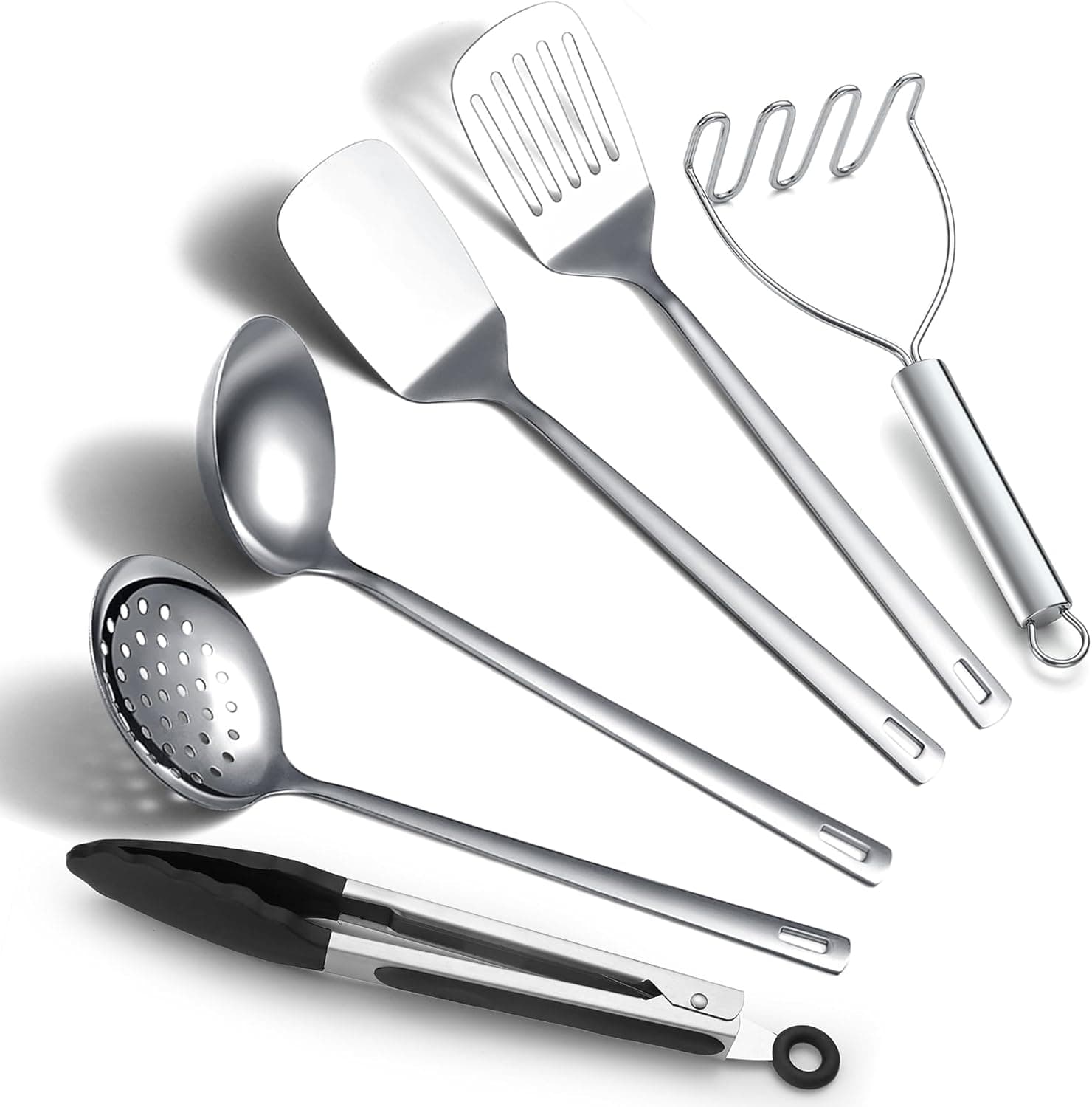Conjunto de utensílios de cozinha em aço inoxidável Kyraton de 6 peças, inclui conjuntos de espátulas de metal, escumadeira, caçamba, pinças, triturador de batatas, utensílios de cozinha