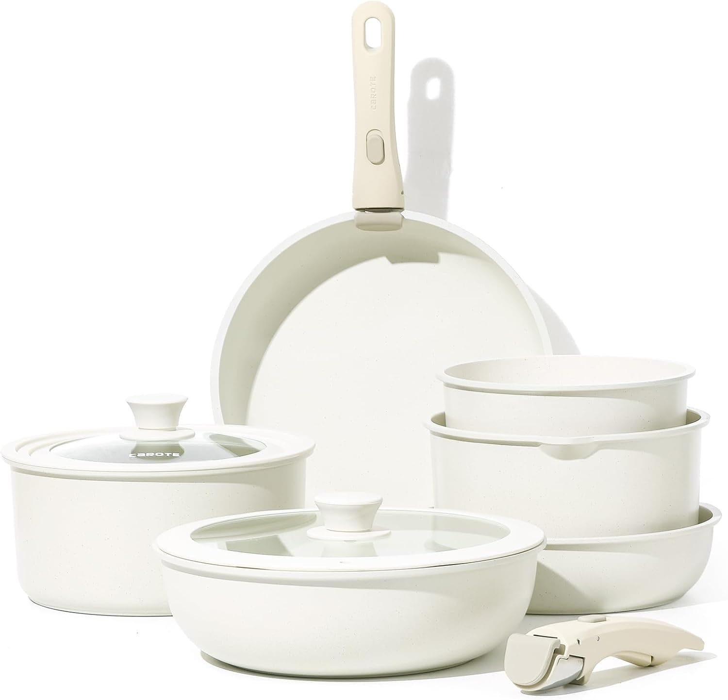 CAROTE Conjunto de 10 frigideiras anti-aderentes com cabo removível, frigideiras de indução 22/26 cm, panelas de cozinha 18 cm / 20 cm, caçarola 22 cm, Wok 26 cm, bateria de cozinha