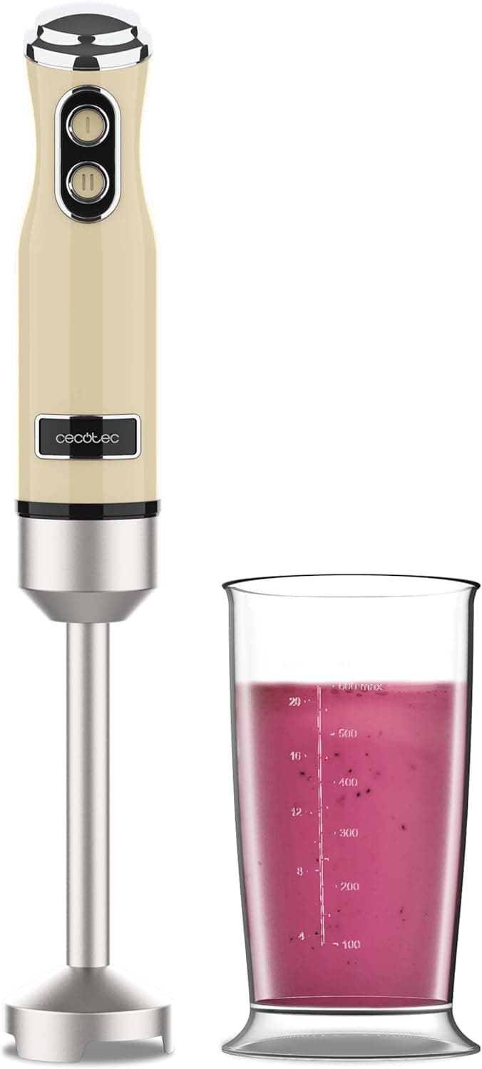 Cecotec Liquidificadora de mão retro Power RetroYellow 1200 MAX. 1200 W potência máxima, lâmina de 4 folhas com revestimento de titânio preto, 2 velocidades, copo de 0,5 l, design vintage
