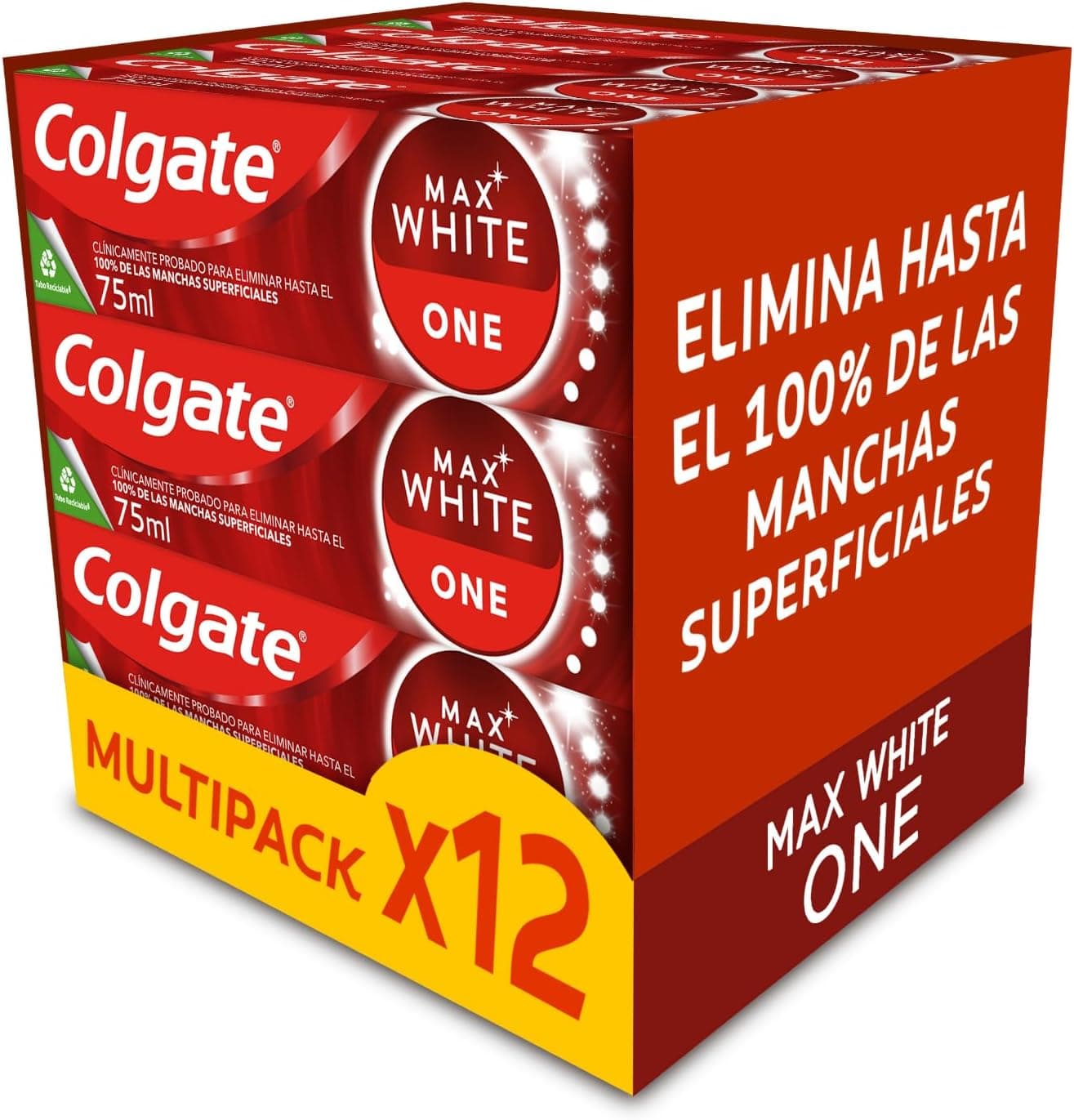 Colgate Max White One Pasta de dentes 12 x 75 ml, branqueador dentífrico, fórmula clinicamente testada, elimina até 100 % das manchas superfícies, dentes 1 tom mais brancos em 1 semana