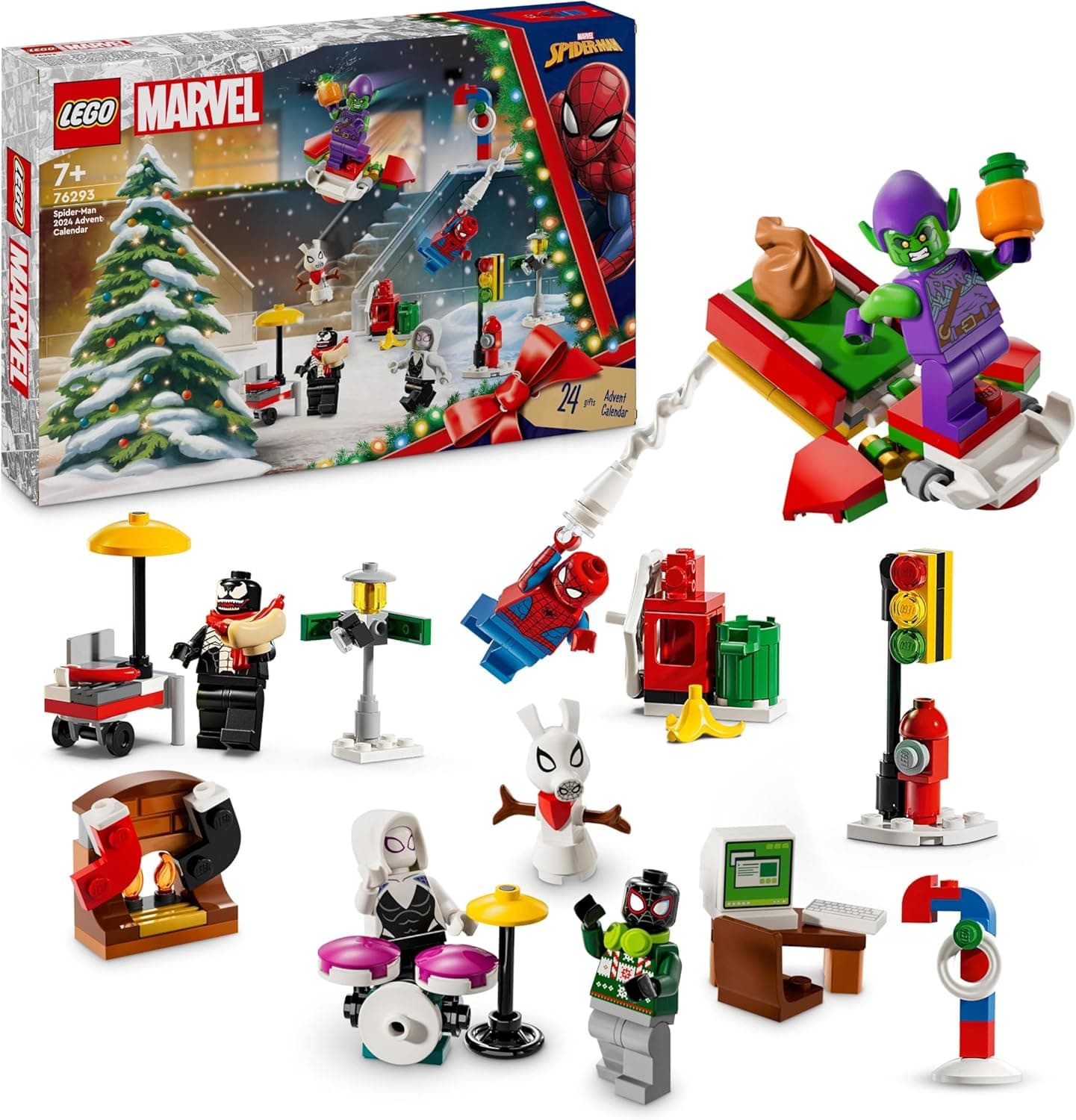 LEGO Marvel calendário de advento 2024 Spider-Man brinquedos de construção de super-heróis com minifiguras para dramatização, presente pré-natal para meninos e meninas de 7 anos ou mais 76293