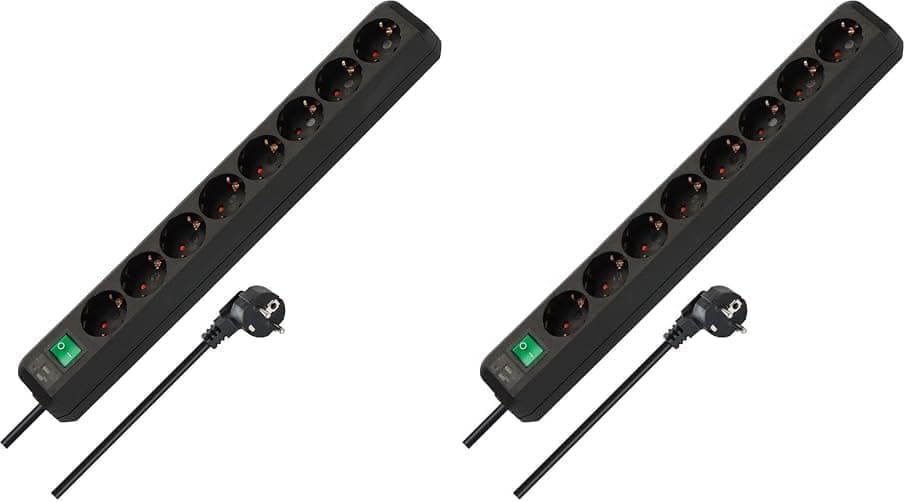 Brennenstuhl Eco-Line Extensão de tomadas com 8 tomadas de energia (Interruptor, proteção infantil), preto, 3 m (embalagem de 2)
