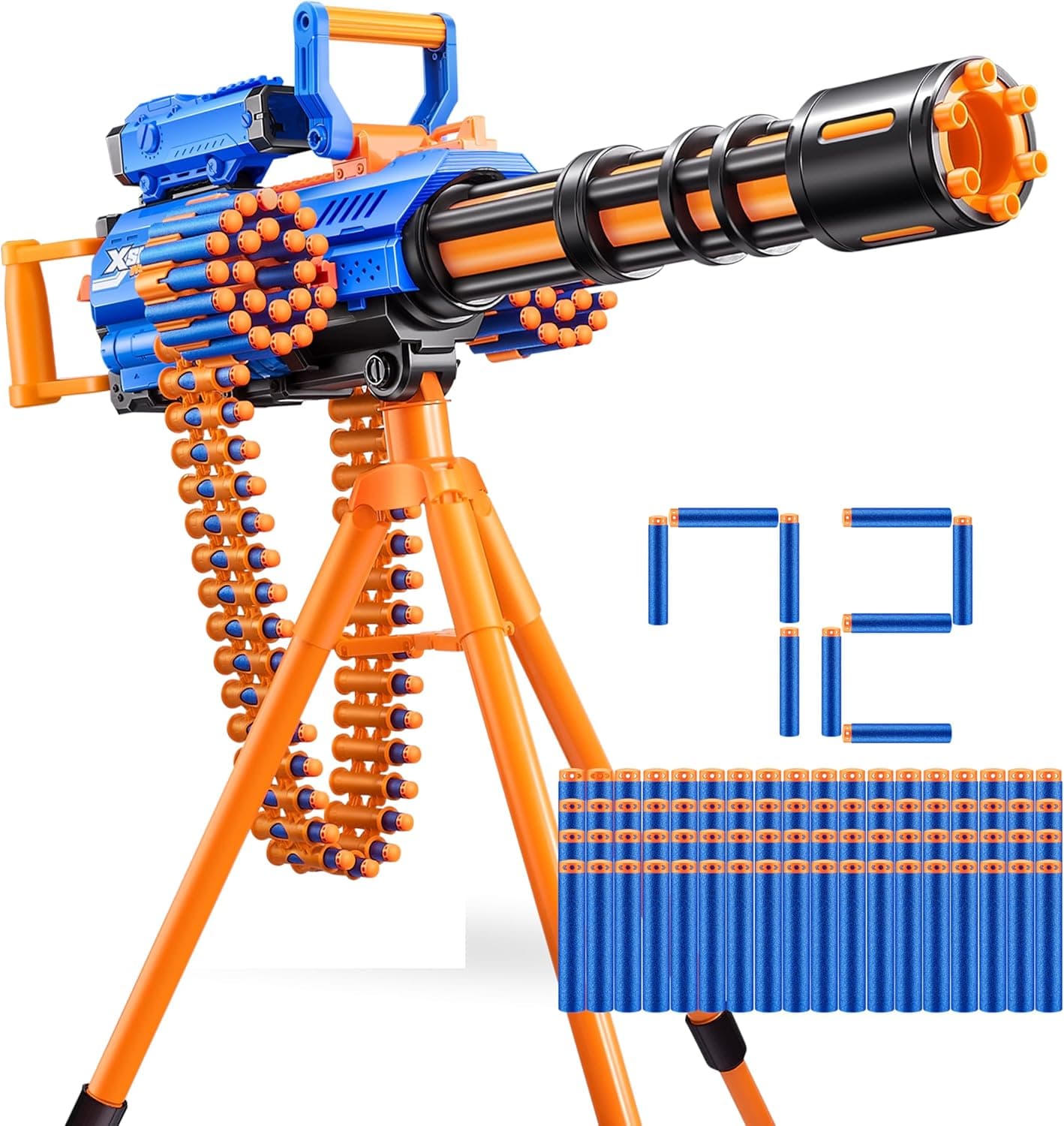 X-Shot Insanity Motorized Rage Fire de ZURU 72 Dardos, dardos com tecnologia de bolso de ar, armazenamento de dardos, potência de explosão, cinto de alimentação automática, tripé e