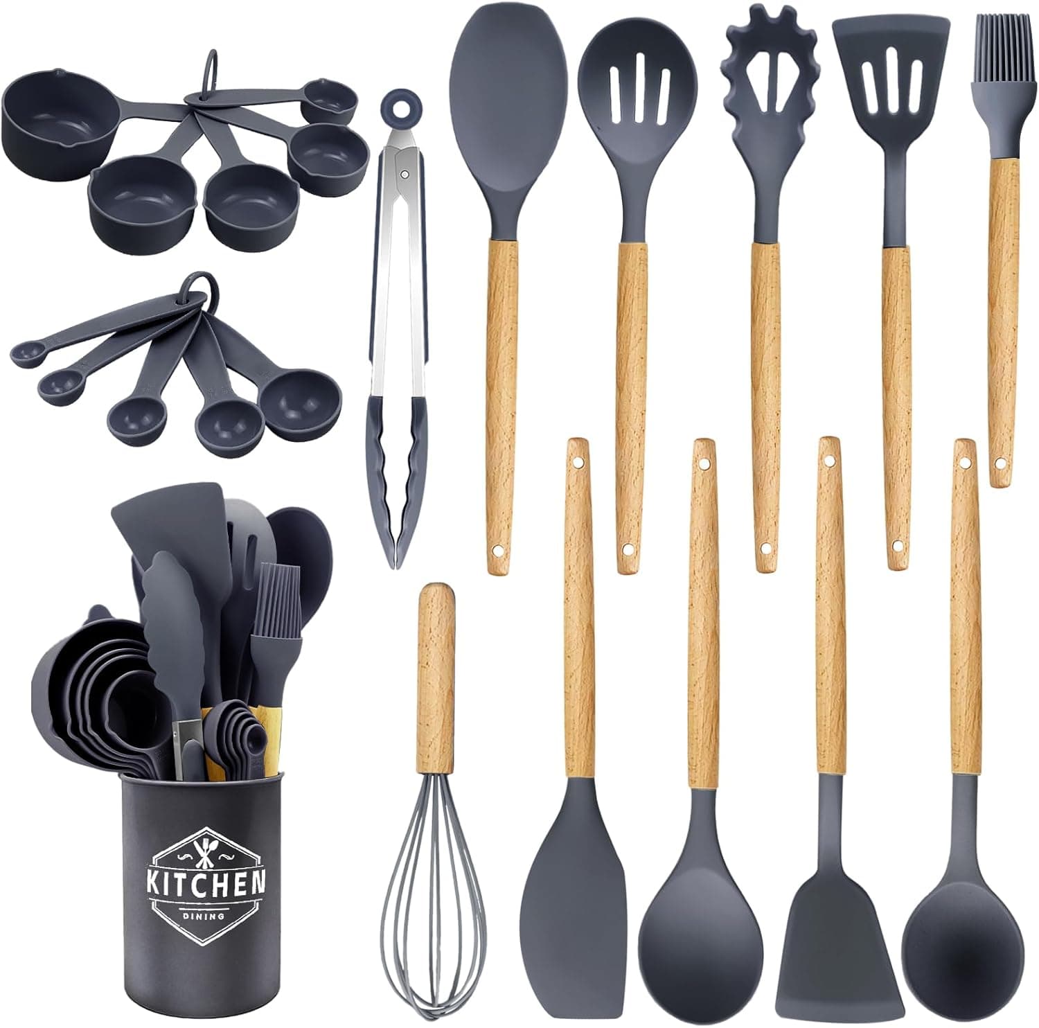 Utensílios de cozinha de silicone 22 peças, resistentes ao calor e anti-aderentes com cabo de madeira, sem BPA