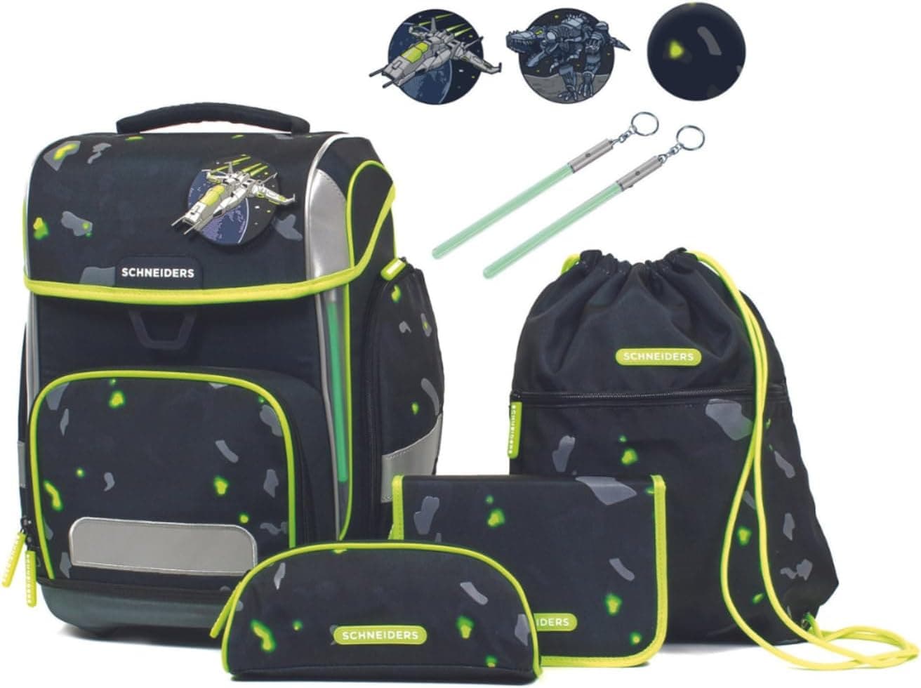 Schneiders 78448-080 - Ergolite Outer Space Satchel, conjunto de 9 peças com mochila escolar, estojo, cartucheira, mala de desporto, 3 motivos de velcro e 2 varinhas luminosas