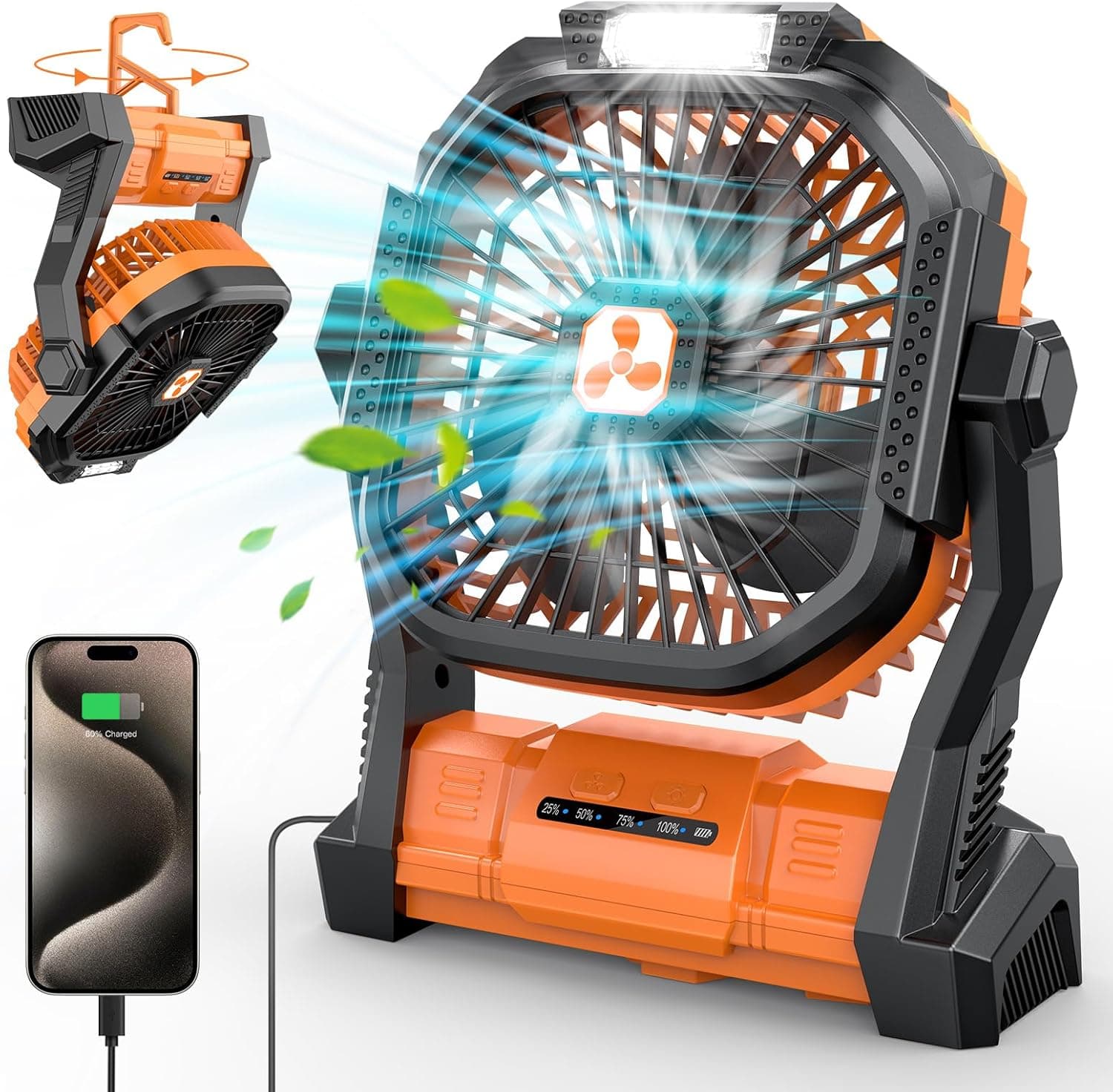 PDBEST PF1 | Ventoinha portátil com bateria de 20000 mAh, luz LED e porta USB-C para campismo e uso doméstico